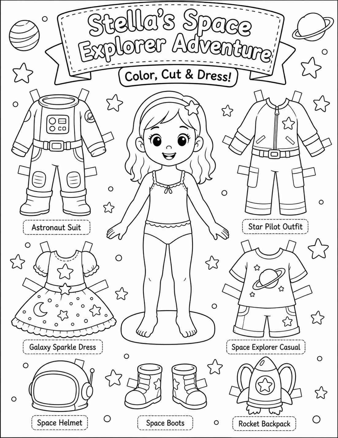 Stella's Space Explorer — Uncolored Line Art